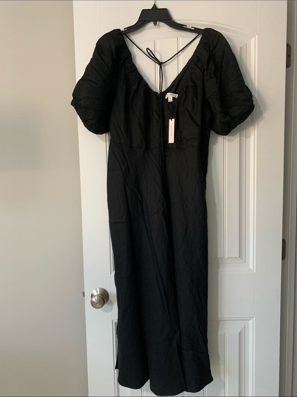 Banana Republic Linen Black Midi  Dress with Puff Short Sleeves
